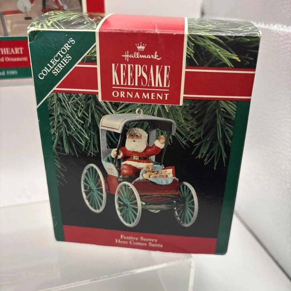 Vtg~Hallmark Ornaments~Santa's Antique Car/Festive Surrey/Sweetheart Bike for 2